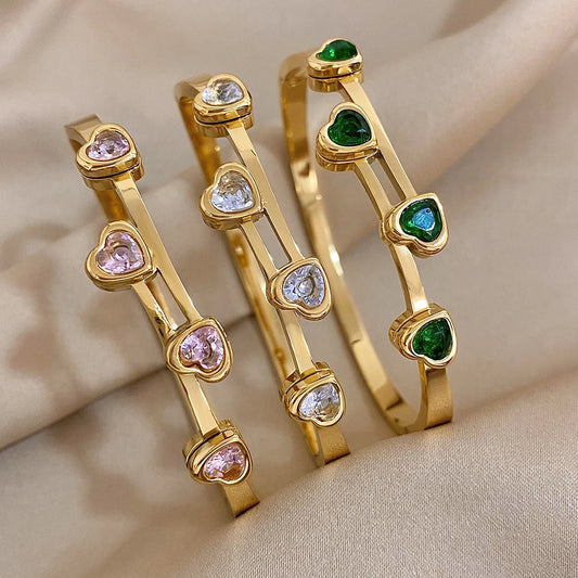 Cubic Zirconia Heart Stainless Steel Bangles Bracelets