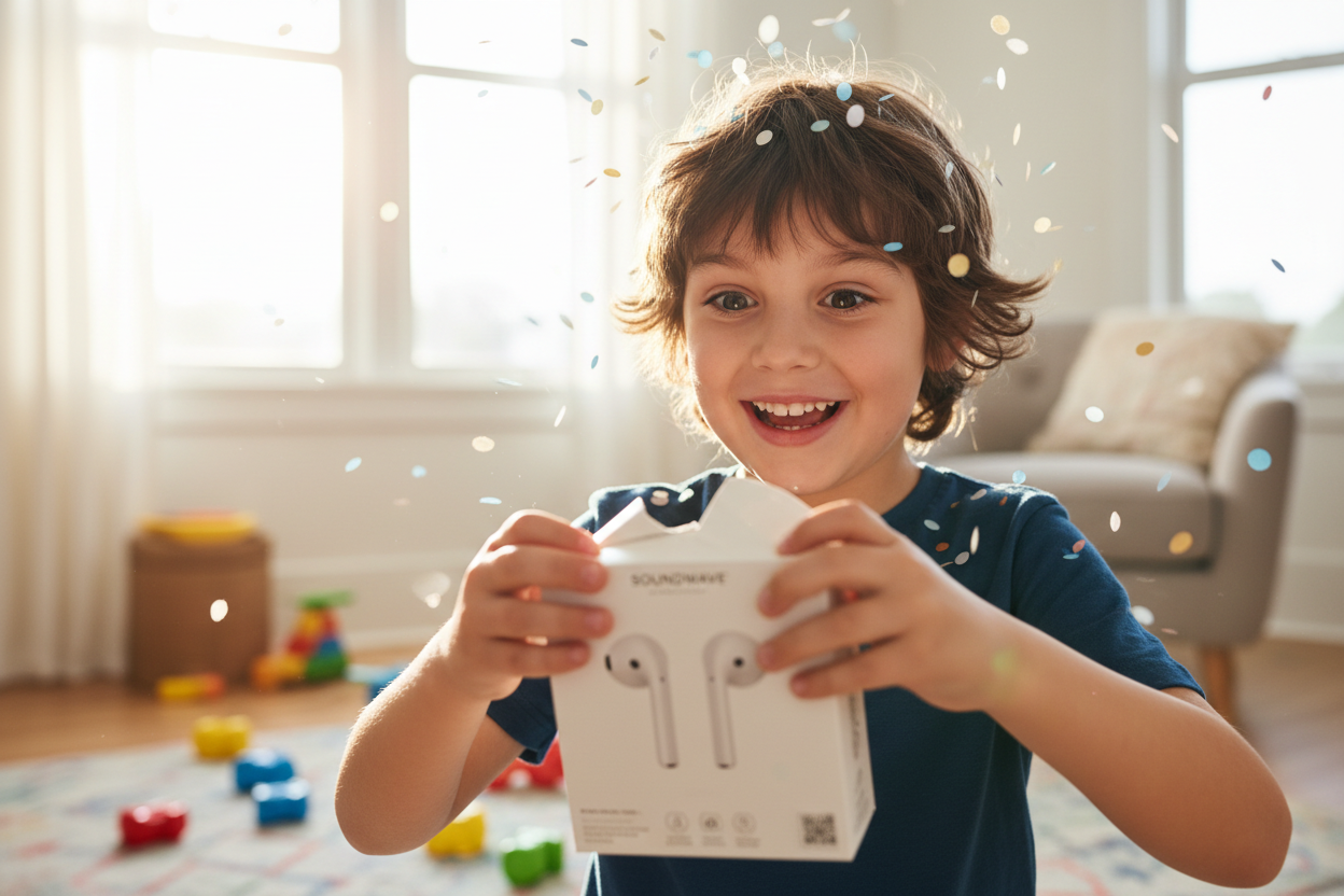 A kid unboxing his new earphones with extreme excitment